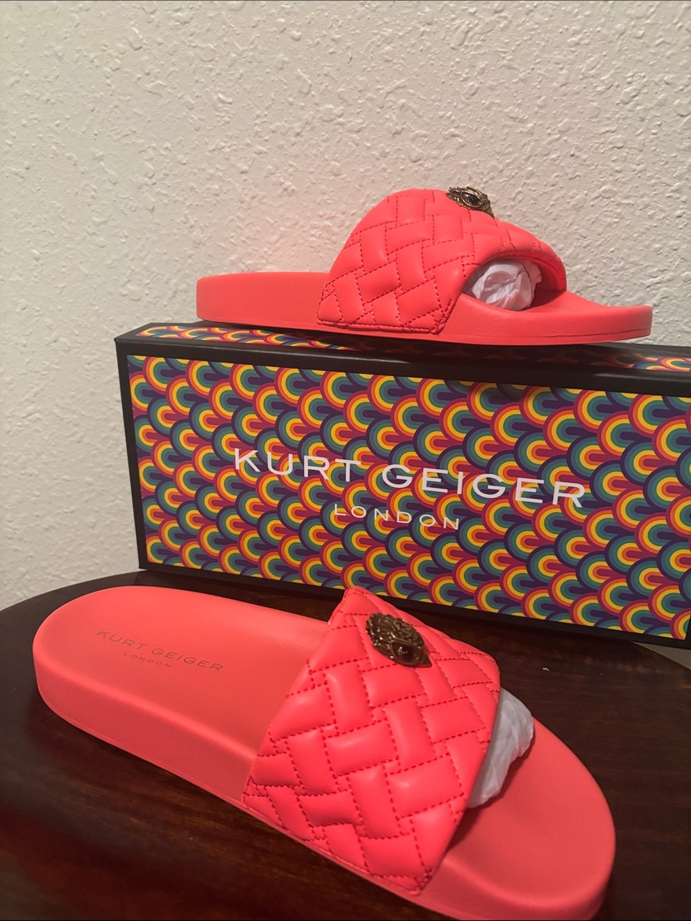 Kurt Geiger Neon Coral Quilted Slide Sandals with Logo Medallion